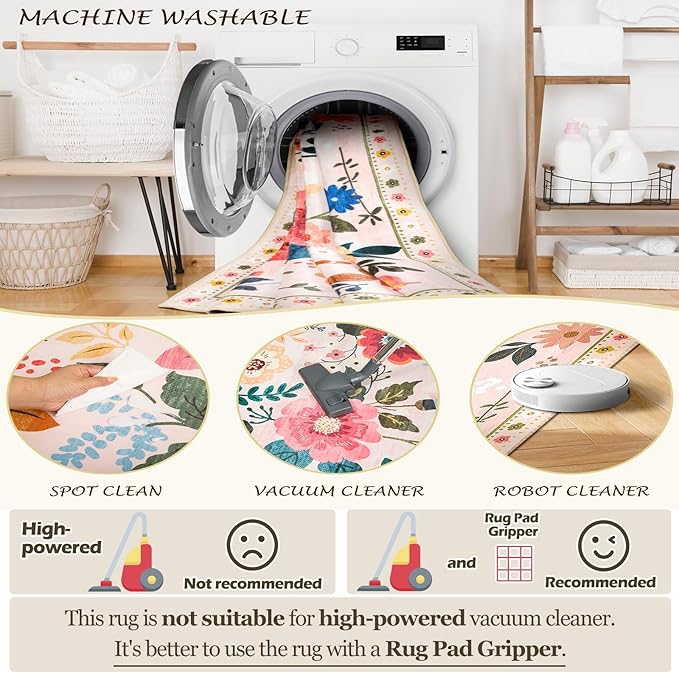 Floral 4ft Area Rug Machine Washable Soft Print Boho Carpet Non Slip Doormat Low Pile Flower Area Rugs for Living Room Bedroom Nursery Kitchen Dining Room Indoor-Pink