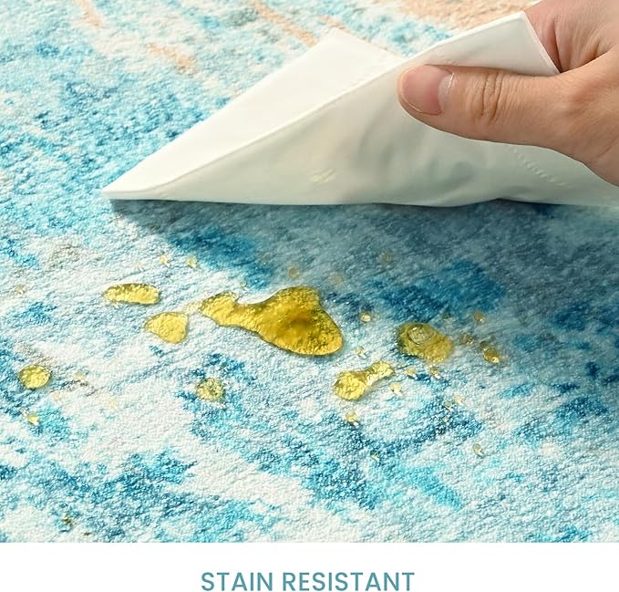 Area Rug 4x6 Teal Blue Rug Washable Boho Rugs Non Slip Low Pile Abstract Small - Image 7