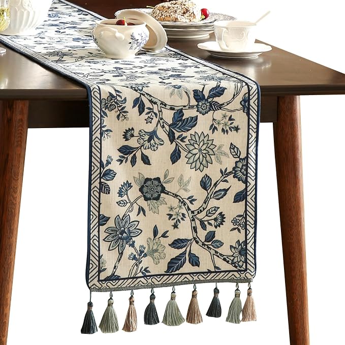 bilin gaier Designer French Linen Table Runner, Floral Pattern, Dining Table by bilingaier