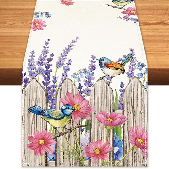 Summer Garden Floral Table Runner Birds Burlap Table Runners, Spring Lavender by BEAUTYROMANCEFORYOURLIFE