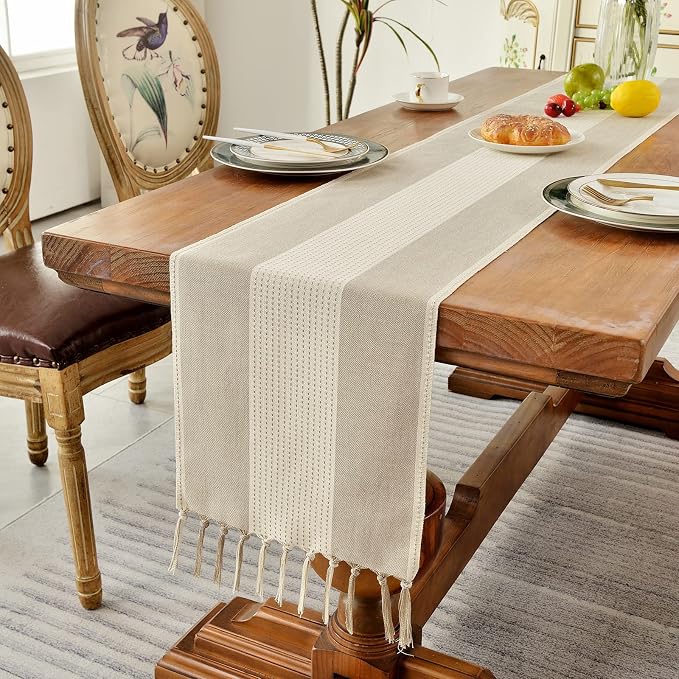 Wracra Linen Table Runner, Stripe Table Runners 90 Inches Long Light Coffee | - Image 5