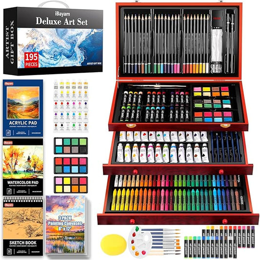 Art Supplies, iBayam 195 Pack Art Set Drawing Kit for Kids Teens Girls Boys Adult, Arts and Crafts Painting Kit, Art Kits Paint Set with Acrylic Pad, Sketchbooks, Watercolor Pad, Canvases, Gift Box