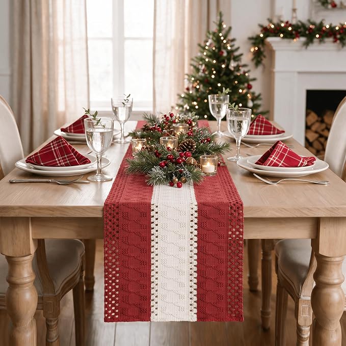 Artoid Mode Rose Red Farmhouse Woven Table Runner 12x60 Inch | Holiday Rustic - Image 2