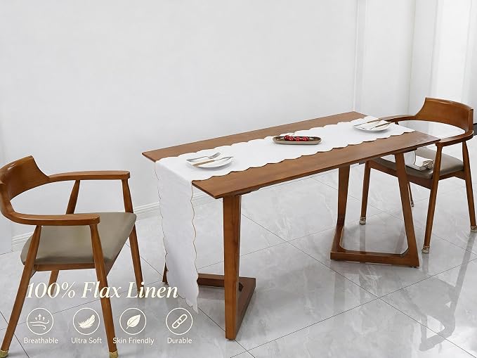 100% Natural Linen Rustic Scalloped Embroidery Table Runner 90 Inches Long - Image 3