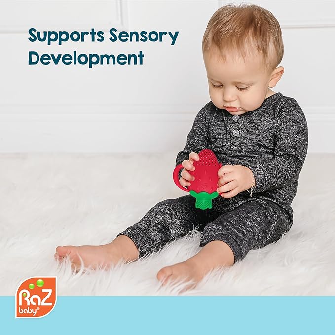 RaZbaby Fruitique Fruit Feeder One-Piece Baby – Larger Opening for Refilling & Fits More Fresh/Frozen Fruit for Teething Relief, Easy to Hold, Safer Design, BPA-Free, Dishwasher Safe - Banana