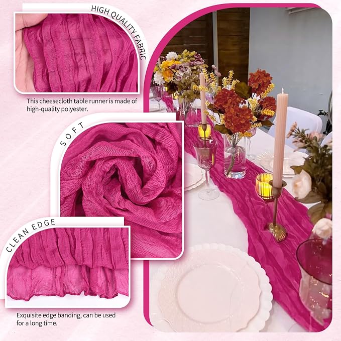 18 Pack Cheesecloth Table Runner 10FT Fuschia Table Runner Boho Gauze Cheese - Image 3
