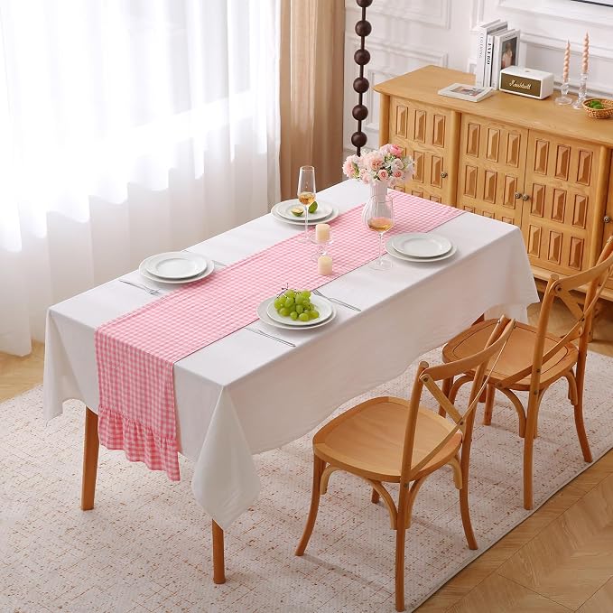 Coral Pink White Plaid Gingham Ruffle Table Runner 72 inches Long 100% Washed - Image 2