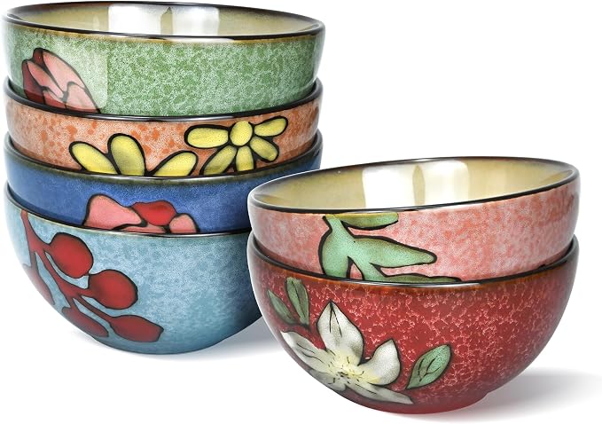 Ceramic Cereal Bowls Set of 6, Floral Design 6 inch – 28oz by BGCTM