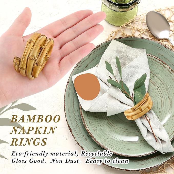 FoldTier Set of 12 Bamboo Napkin Rings Handmade Natural Napkin Holder Rings - Image 3