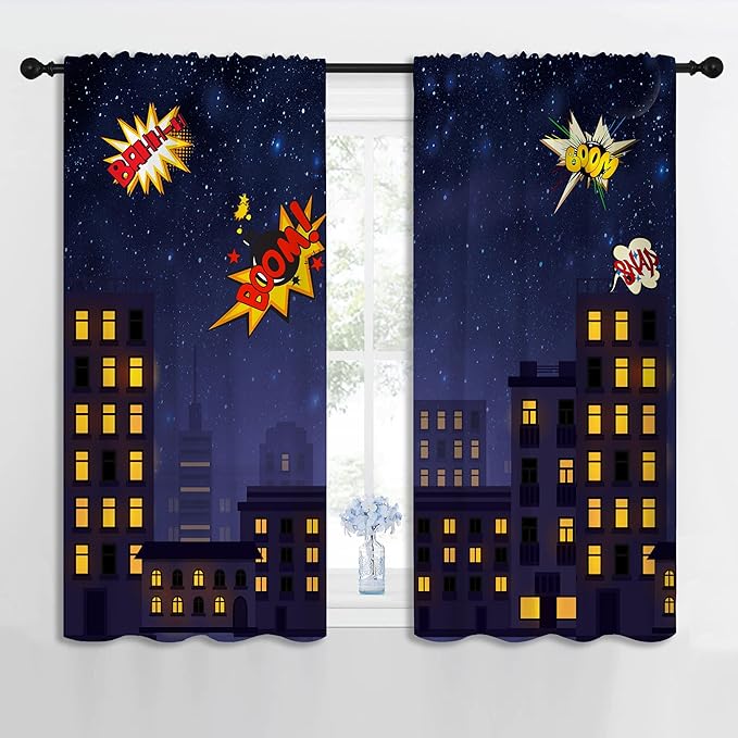 Super Hero Rod Pocket Blackout Curtains for Boy Girl Bedroom, Exploding City Starry Cartoon Skyline Home Energy Efficient Light Filtering Window Curtain for Living Room, 42x63 inch