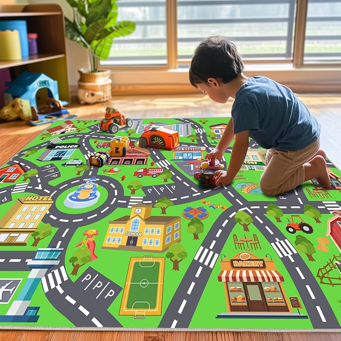 Kids Room Rug - Soft & Non-Slip 7x9 Ft Town Car Rug City Map Play Mat, - Image 3