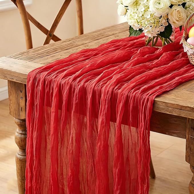 6Pcs Red Table Runner, 10FT Rustic Gauze Red Table Runner 35*120inch Boho Table by Miucat