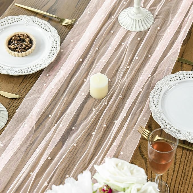 Artoid Mode Pearl Pink Gauze Table Runner 59x120 Inch, Seasonal Sheer Kitchen - Image 5