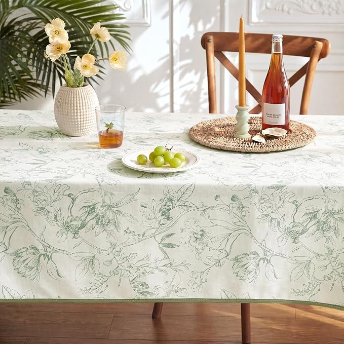 jinchan Green Floral Linen Rectangle Table Cloth 50 x 84 Inch | Natural - Image 8