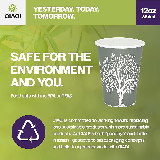 CIAO! 12oz Paper Hot Cup, Rooted Olive Print - Image 3
