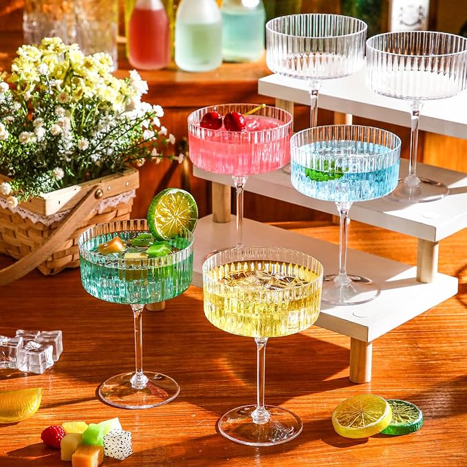 Jingmore 12 Pcs Ribbed Martini Glasses 10 oz Disposable Plastic Vintage Ribbed - Image 3