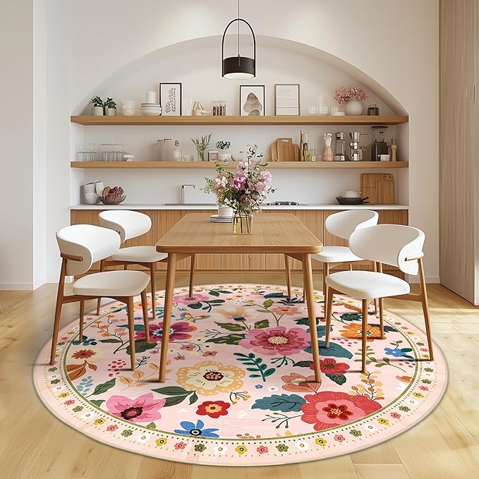 Floral 4ft Area Rug Machine Washable Soft Print Boho Carpet Non Slip Doormat Low Pile Flower Area Rugs for Living Room Bedroom Nursery Kitchen Dining Room Indoor-Pink