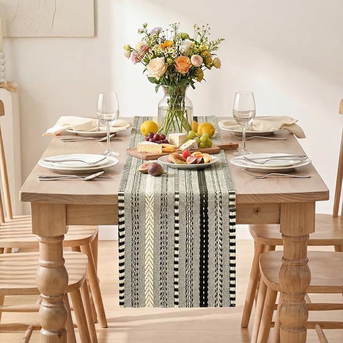 Artoid Mode Black Farmhouse Stripe Braided Table Runner 12x120 Inch | Holiday - Image 2