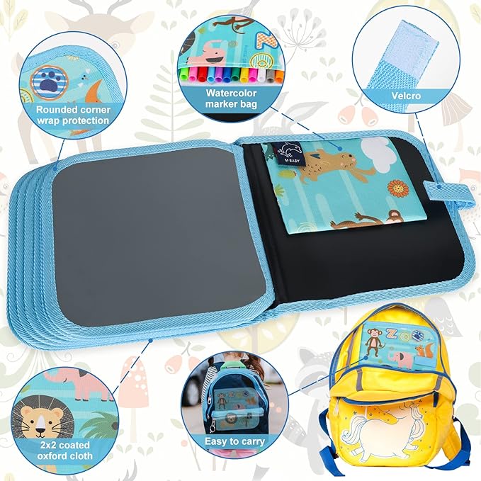 Erasable Doodle Set for Kids - Reusable Magic Drawing Book with 12 Watercolor Pens 14 Page Drawing, Road Trip Car Game Writing Painting Set for Boys and Girls (Zoo)