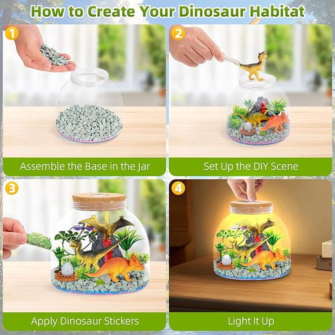 Dinosaur Light Up Terrarium for Boys – DIY Prehistoric Garden with LED | STEM Toy & Craft Gift for Kids Ages 4-8, Perfect for Birthday or Christmas