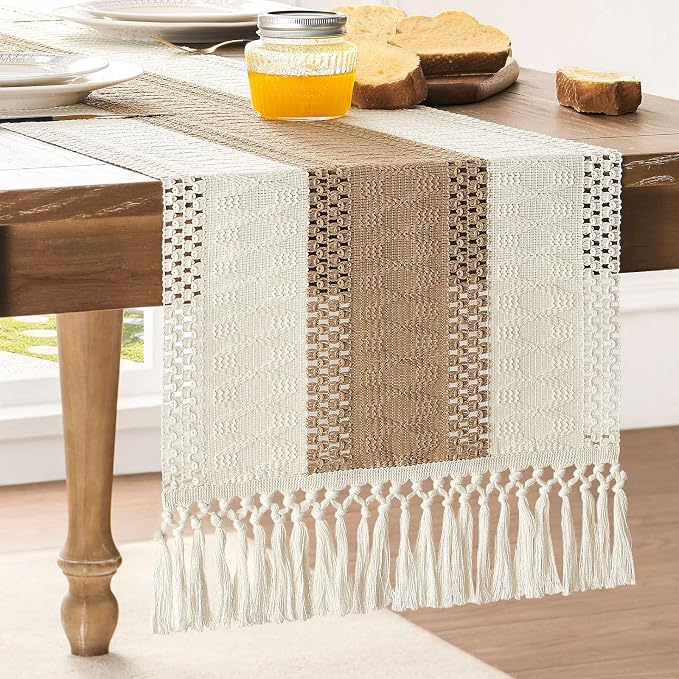 Macrame Style Bicolor Stitching Table Runner 14x108in Brown | Woven Boho Table by ZEEMARTONLINE