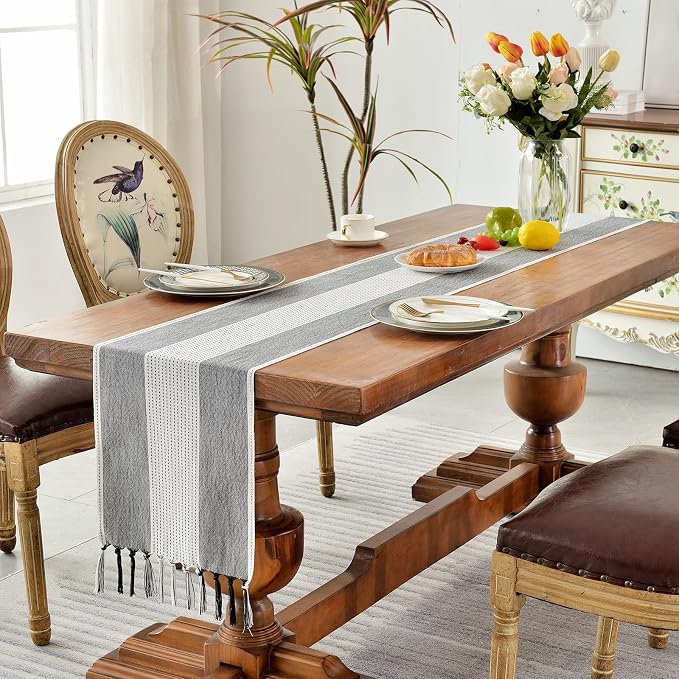 Wracra Linen Table Runner, Stripe Table Runners 72 Inches Long Black | Delicate - Image 7
