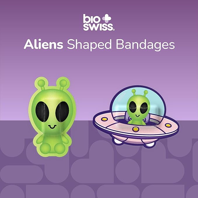 BioSwiss Bandages, Halloween Alien Shaped Self Adhesive Bandage, Latex Free Sterile Wound Care, Fun First Aid Kit Supplies for Kids, 24 Count