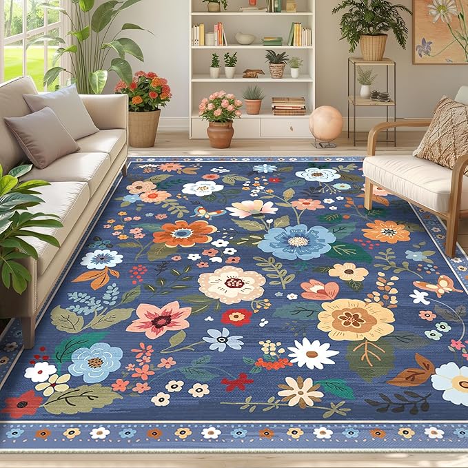 Floral 6x9 Area Rug Machine Washable Soft Print Boho Carpet Non Slip Doormat Low Pile Flower Area Rugs for Living Room Bedroom Nursery Kitchen Dining Room Indoor-Blue/Grey
