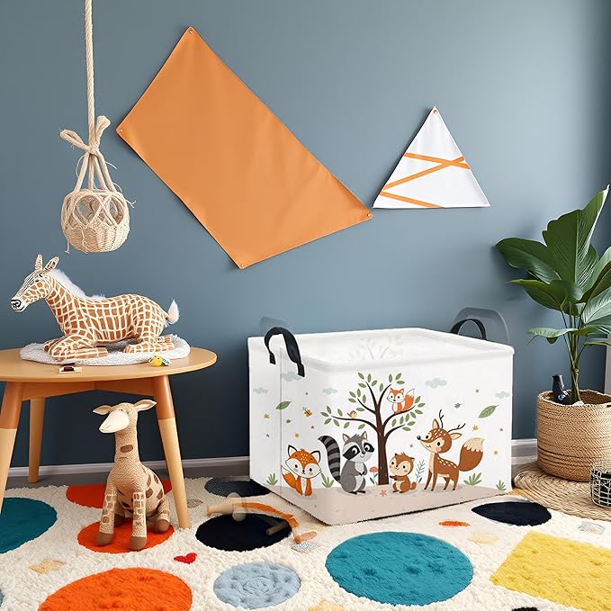 HIYAGON Rectangular Woodland Animal Basket Kids Baby Storage Basket Storage Bin Organizer Box Animal Room Decor(Spring Animal)