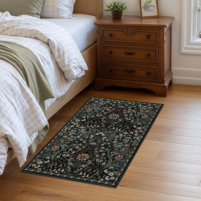 Floral 2x3 Entryway Rug,Washable Front Door Mat Indoor Non Slip Low Pile Small Carpet, Soft Black Boho Botanical Throw Rug for Bathroom Bedroom Kitchen Laundry Indoor Entrance