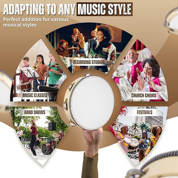 Flexzion Wood Handheld Tambourine 8" Inch Single Row 5 Pair Jingles (2 Pack, Wood) - Hand Held Percussion Drum Moon Musical Tambourine with Ergonomic Handle Grip