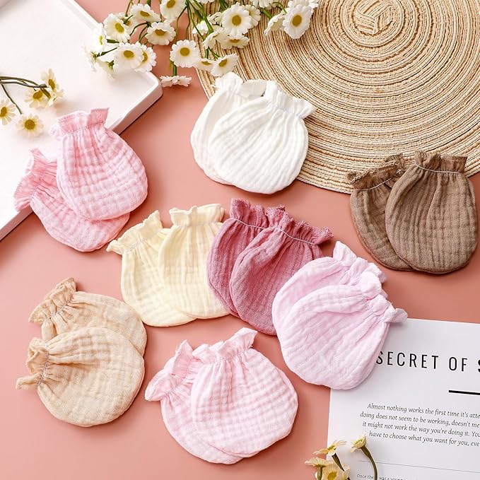 8 Pairs Newborn Baby Muslin Mittens 0-6 Months No Scratch Elastic Wrist Soft Breathable Gloves Bulk Cotton for Infant