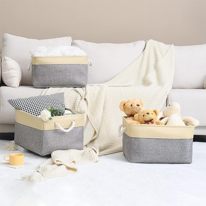 TheWarmHome Storage Basket for Organizing - 3 Pack 14x10x7 inch Large Collapsible Storage Bin for Shelves, Fabric Storage Cubes for Organizer ClosetCloth Gift Toy (Grey & Gold)