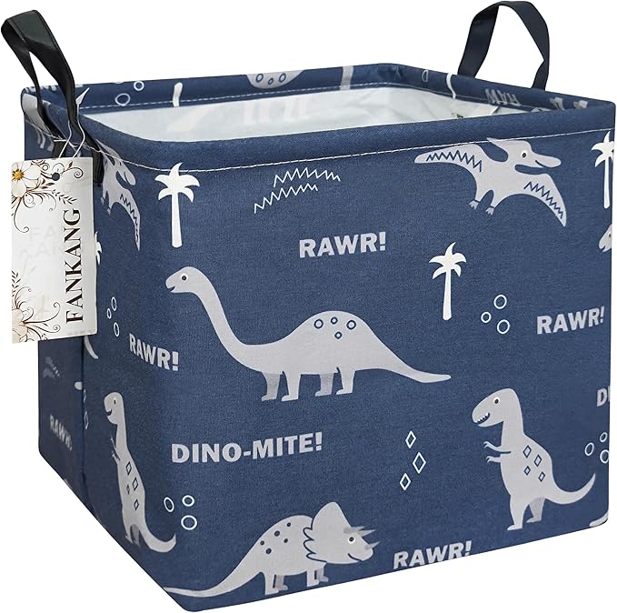 FANKANG Square Nursery Hamper Storage Bins Canvas Laundry Basket Foldable with Waterproof PE Coating Storage Baskets Gift Baskets for Children, Office, Bedroom, Clothes（Square-Blue dinosaur ）