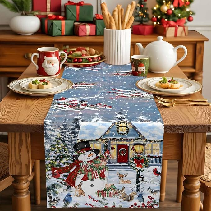 Merry Christmas Table Runner 90 Inches Long, Xmas Trees Snowman Snowflake Table - Image 5