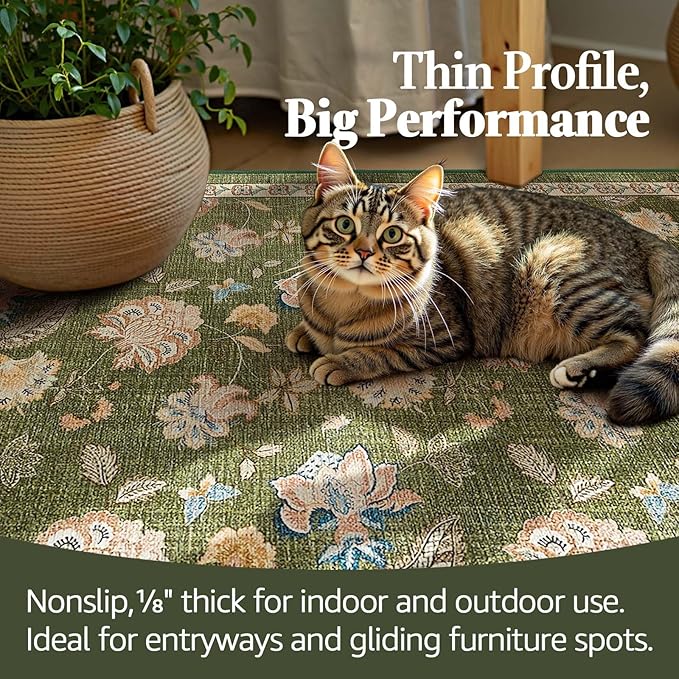 jinchan 8x10 Floral Rug for Living Room Washable Bedroom Rug Vintage Romance Design Non Slip Thin Indoor Floor Cover Large Low-Profile Throw Carpet for Dining Room Office, Green