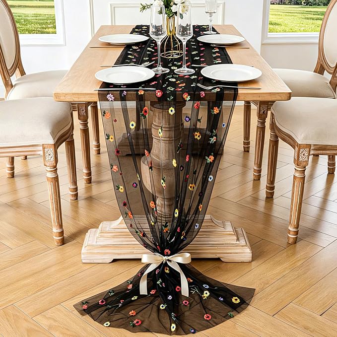 BINBE 6pcs Black Daisy Spring Table Runner Embroidery Gauze 10FT Florals - Image 2