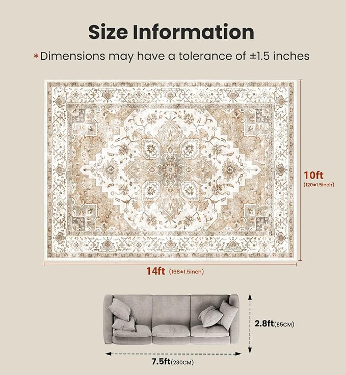 AMADA HOMEFURNISHING 10x14 Washable Area Rug, Low-Profile Large Area Rug - Image 2
