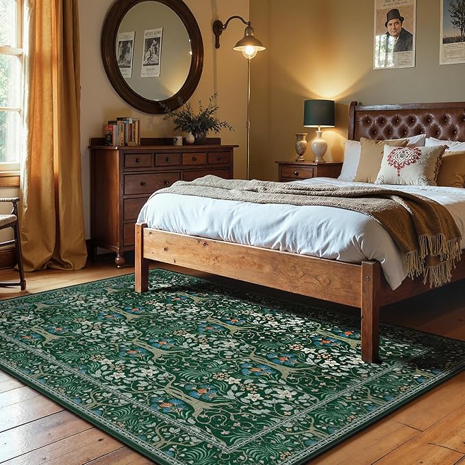 Joydeco Floral 5x7 Area Rugs for Living Room, Boho Dark Green Washable Rug Non Slip, Soft Low-Pile Botanical Forest Indoor Floor Throw Carpet for Office Dining Table Playroom Dorm