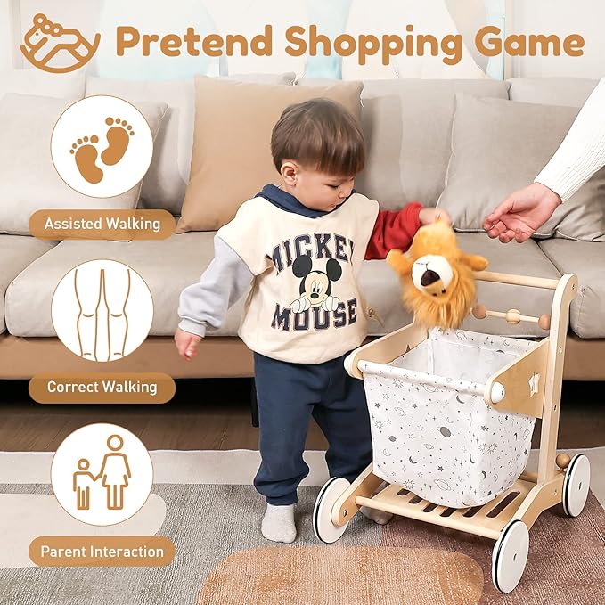 Wooden Baby Walker Doll Stroller | Adjustable Speed Shopping Cart for Toddlers 1-3 | Baby Push Walker - Pretend Play Grocery Cart | Natural Wood Stroller Push Toys for Babies Learning to Walk