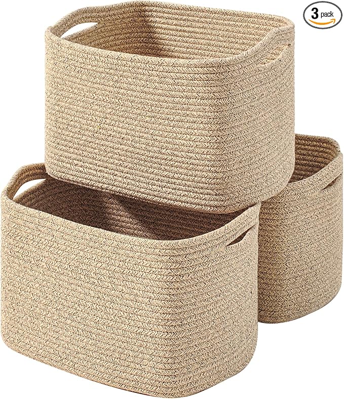 Decorative Storage Baskets for Organizing Shelves, Toy Basket for Nursery, Woven Cotton Rope Baskets for Decor, Towel Basket for Bathroom, 15"x11"x9.5", 3 Packs, Brown
