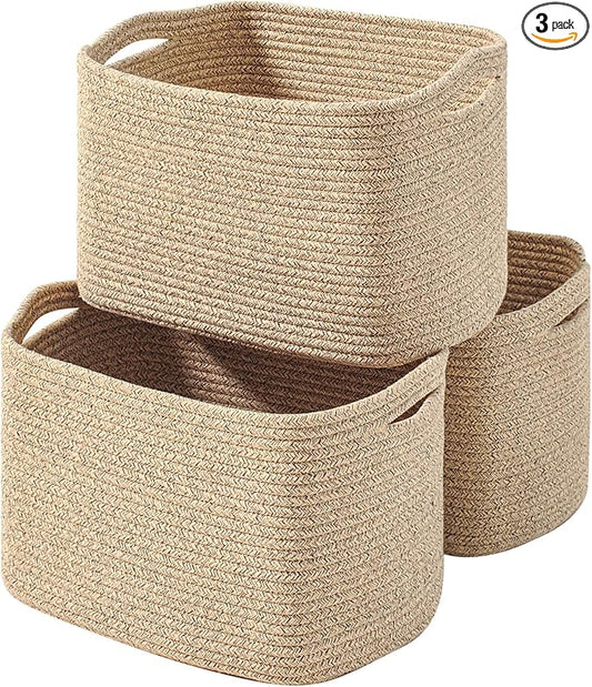 Decorative Storage Baskets for Organizing Shelves, Toy Basket for Nursery, Woven Cotton Rope Baskets for Decor, Towel Basket for Bathroom, 15"x11"x9.5", 3 Packs, Brown