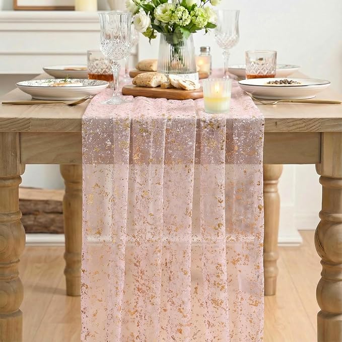 Artoid Mode 3PC Gold Gauze Pink Table Runner 120 Inch 10FT, Glitter Metallic - Image 2
