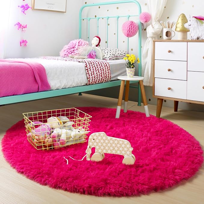 Hot Pink Round Rug 4Ft for Girls Bedroom, Fluffy Circle Area Rugs for Kids Room - Image 5