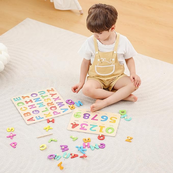 GRINNNIE Toddler Puzzle for 1 2 3 Years Old, Wooden Alphabet Number Peg Puzzles for Preschool Toddlers Age 2-4, Great Learning Puzzle Toy 1st Birthday Gift for Girls Boys