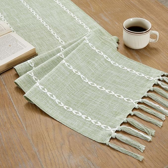 Wracra Rustic Linen Table Runner, Sage Green Table Runners 90 inches Long | - Image 3