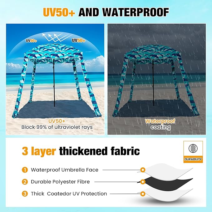 HOMEDEMO Beach Canopy UPF 50+, 6'×6', Easy Set up and Take Down Tent with Sand Pockets, Side Wall Shade Wind Waterproof for Kids, Family & Friends