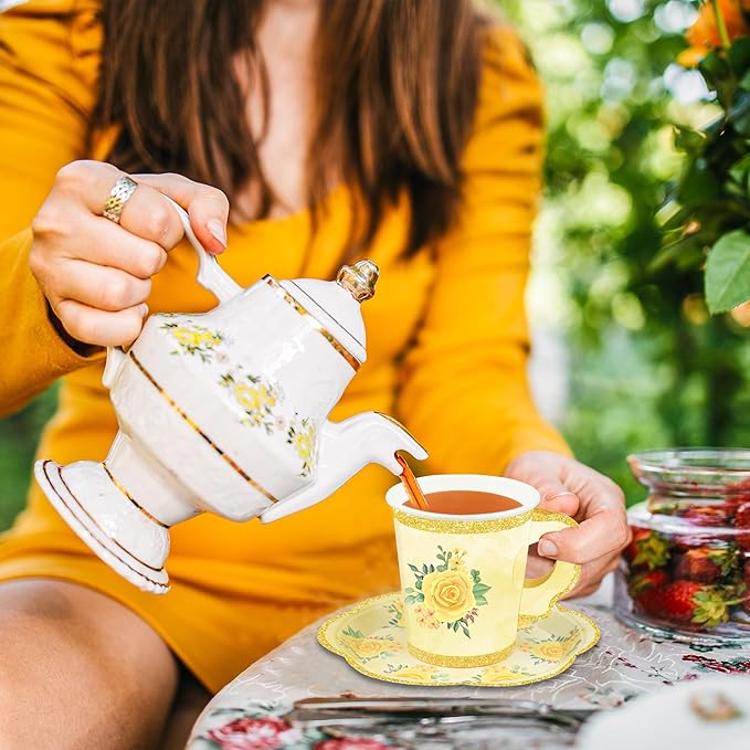 48 Sets Floral Paper Tea Cups and Saucers Disposable Tea Party Supplies - Image 5