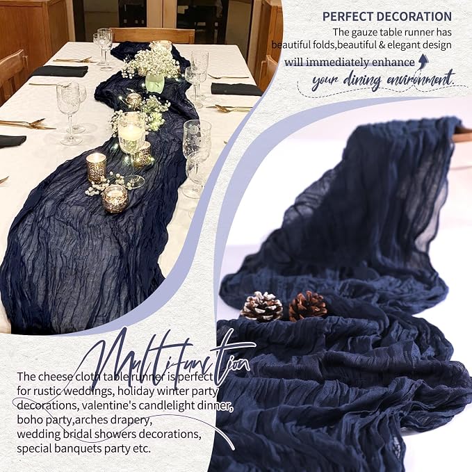 Showgeous 2 Pack Navy Blue Cheesecloth Table Runners Boho Wedding Decor | - Image 6
