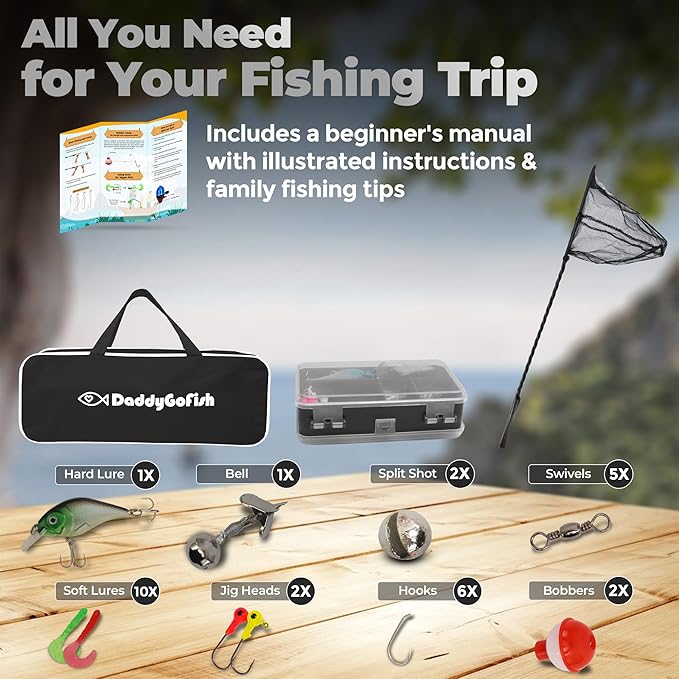 DaddyGoFish Kids Fishing Pole - Rod Reel Combo Tackle Box Starter Set - First Year Small Gear Kit for Boys Girls Toddler Youth Age Beginner Little Children